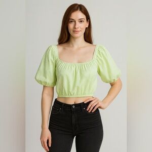 Copper Key Gingham Green Cropped Top with Puff Sleeves Size Small